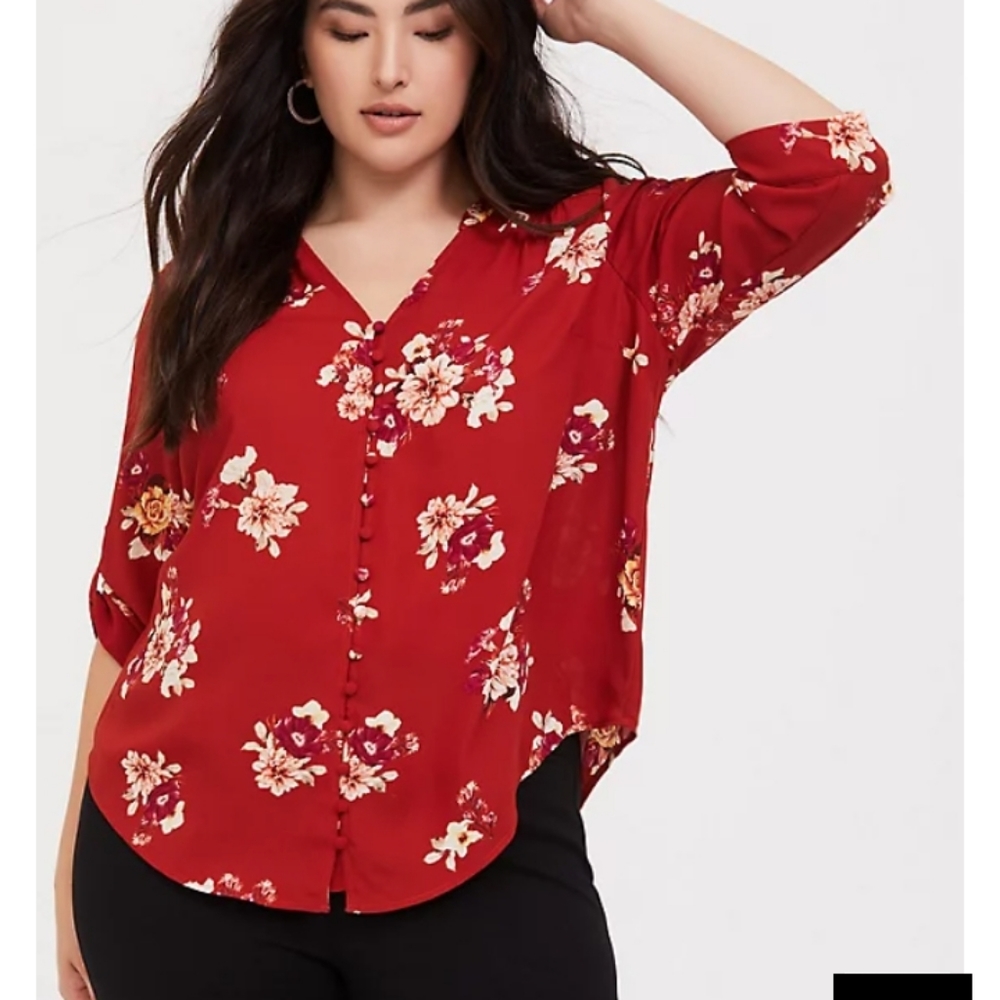 TORID HARPER -  RED-BRICK FLORAL GEORGETTE BUTTON-LOOP BLOUSE SZ 1